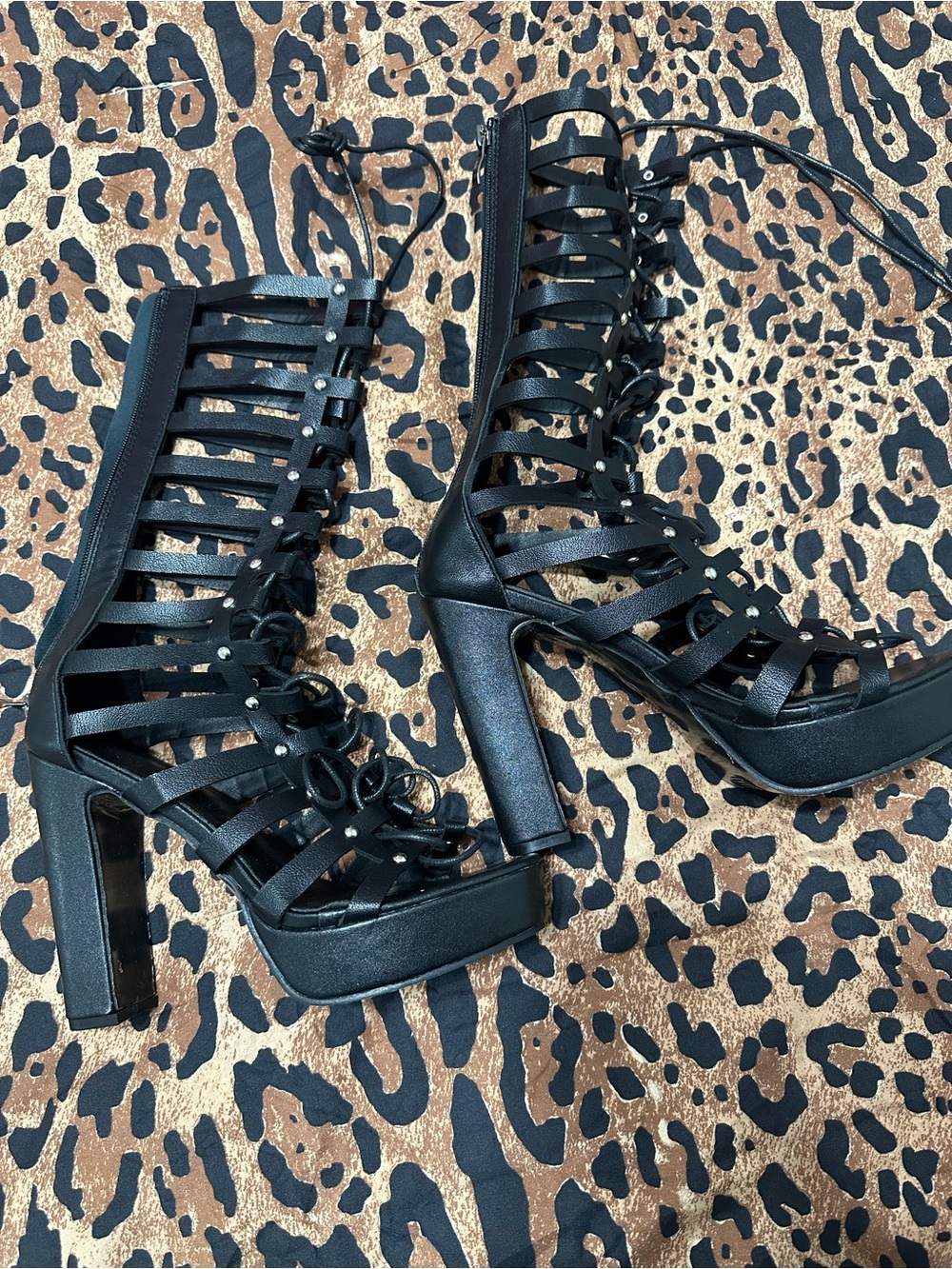 Black Strappy Lace-Up Platform Heels for Women